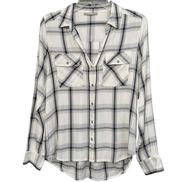 Tart Plaid Button Down Shirt M Gray White Hi-Low Blouse - Picture 1 of 4